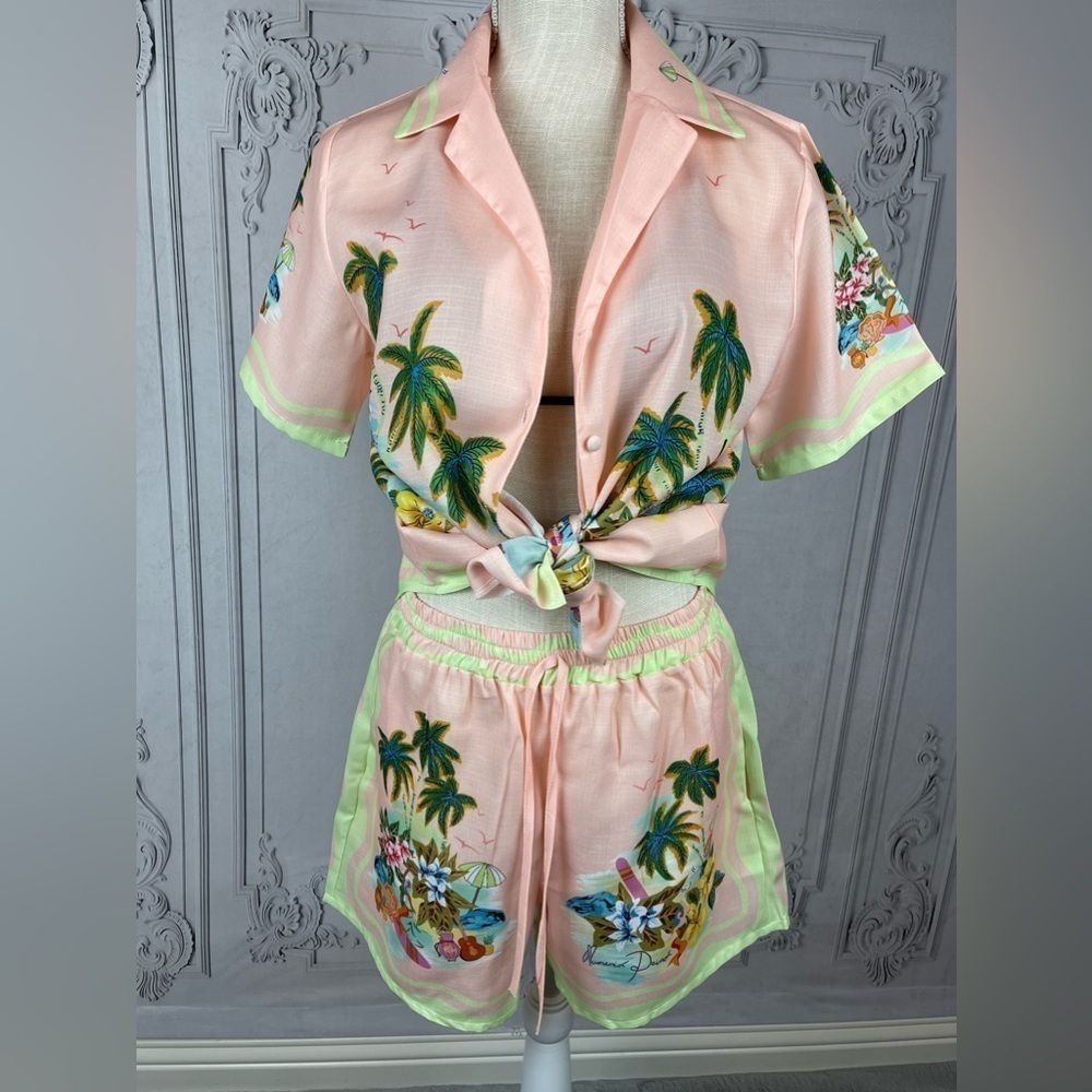 Cocomo Island Loose Fit Casual Shorts Set Single-Breasted Tropical Top - Picture 8 of 16